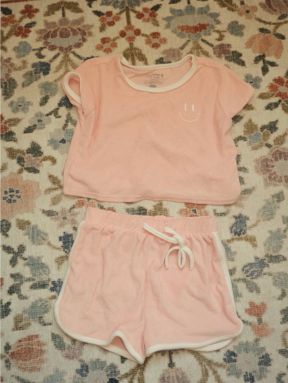 BearPaw Pink Terry Two-Piece Pajama Set with White Trim
